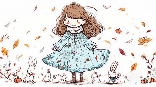 在秋风中涂鸦风可爱的卡通女孩图片