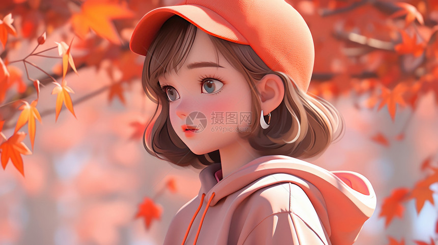 秋天欣赏枫叶的卡通女孩图片