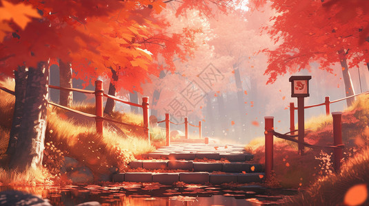 枫叶林素材秋天枫叶林中唯美的卡通风景插画