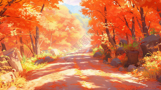 枫叶林素材秋天橙红色唯美的卡通乡间小路插画