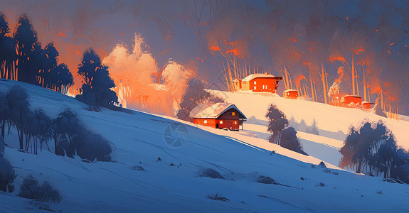 树林村落素材冬天雪后在山坡上的卡通小木屋插画