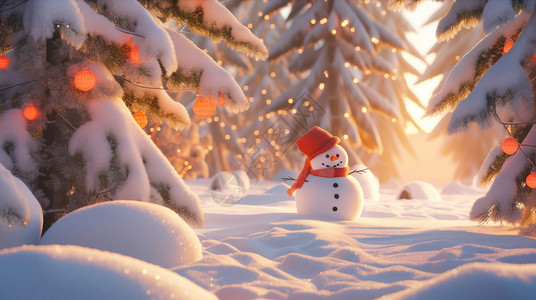 冬天雪后在森林深处戴红色帽子的卡通雪人图片