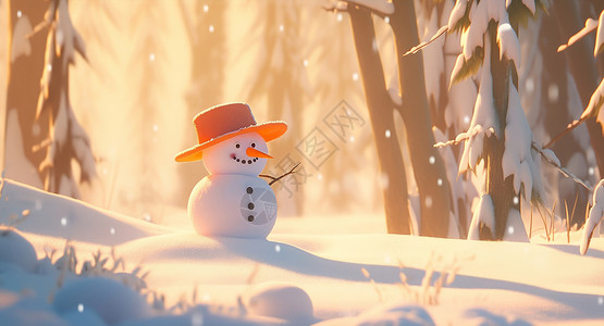 冬天雪后在森林中的可爱卡通小雪人图片