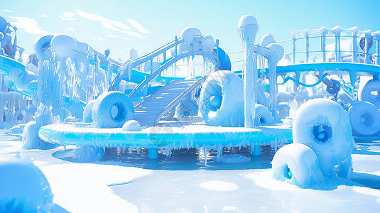贝加尔湖蓝冰被冰冻的科幻卡通城市一角插画