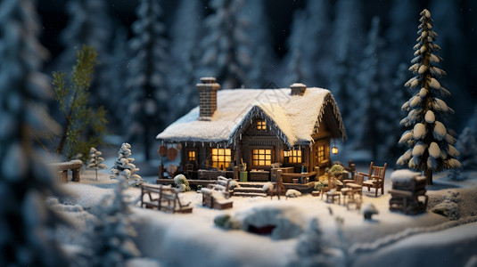冬天雪后温馨的卡通小木屋背景图片