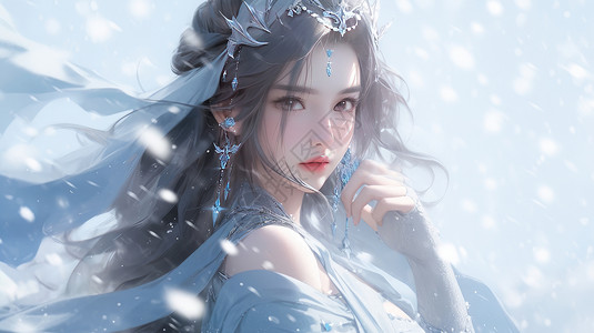 雪之女王古风装扮漂亮的卡通女人在风雪中插画