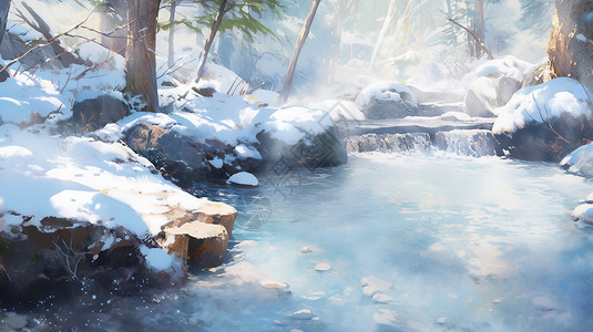 岩石和雾冬天雪后森林中云雾缭绕的卡通温泉插画