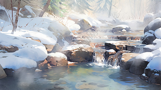 冬天雪后在山间流淌的卡通小溪高清图片