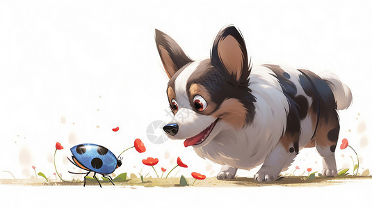 威尔士犬看着蓝色可爱七星瓢虫的卡通小狗插画