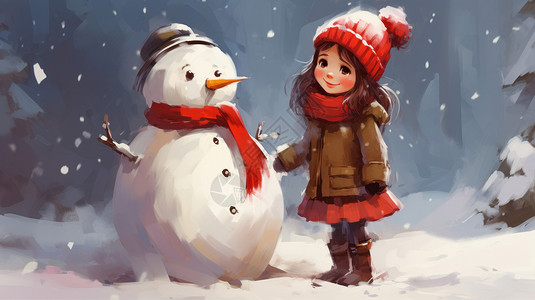 冬天站在雪人旁的可爱卡通小女孩背景图片