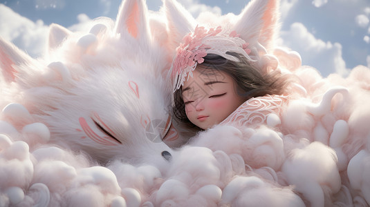 与白色的卡通小狐狸一起睡觉的可爱卡通小女孩图片