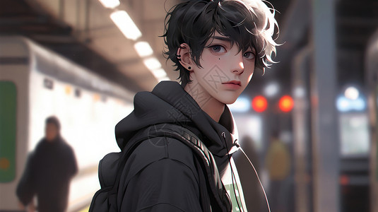 大中央车站穿着卫衣在等车的时尚卡通大男孩插画