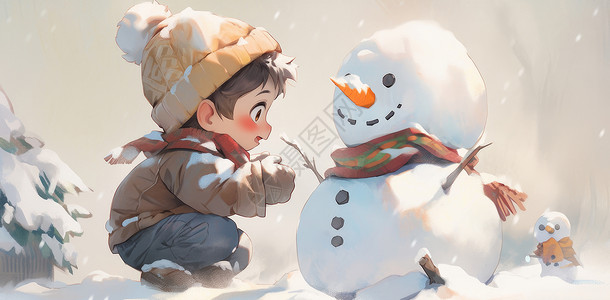 孩子在地上大雪中蹲在地上堆雪人的可爱卡通小男孩插画