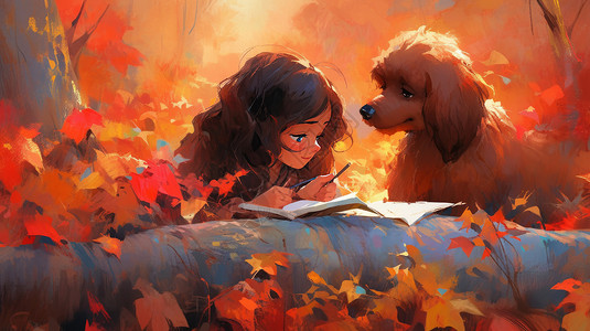 秋天在枫树林中与与宠物狗一起看书的卡通小女孩背景图片
