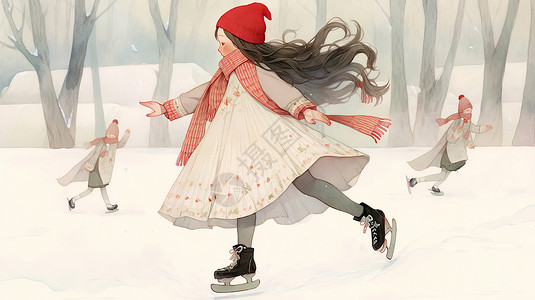 冬天滑雪的女孩冬天在滑冰的可爱卡通小女孩插画