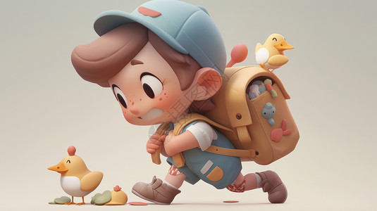 背着书包努力奔跑的立体可爱卡通小男孩背景图片