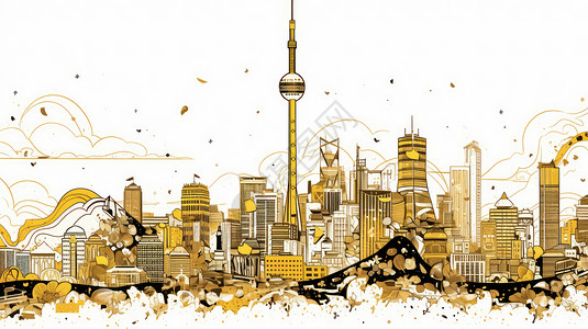 黄色调时尚现代的城市卡通插画背景图片