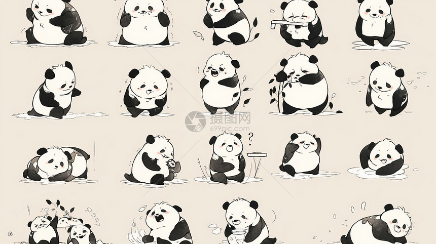 各种动作与表情的可爱卡通熊猫图片