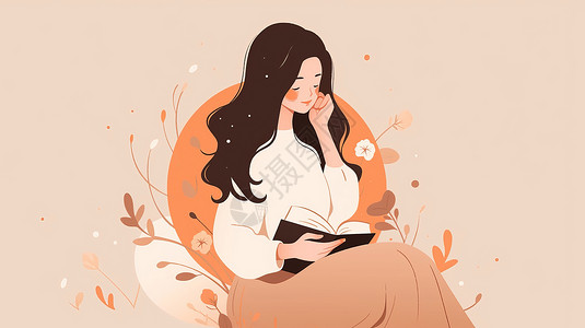秋天坐着优雅看书的长发卡通女人高清图片