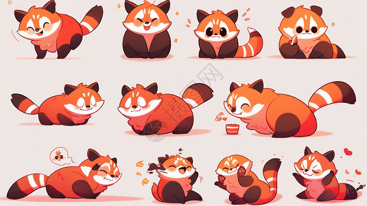 动物表情包狐狸可爱的卡通小浣熊各种动作与表情插画