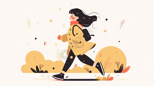 跑步上学的女孩穿着黄色厚外套奔跑的长发扁平风卡通女孩插画