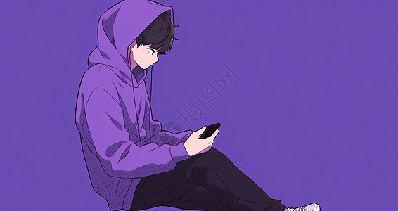 穿紫色卫衣看手机的卡通男孩图片