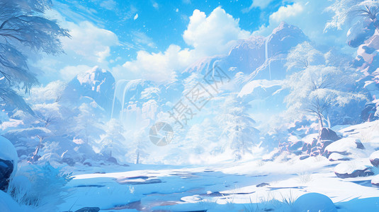 冬天雪后唯美的卡通山水风景图片