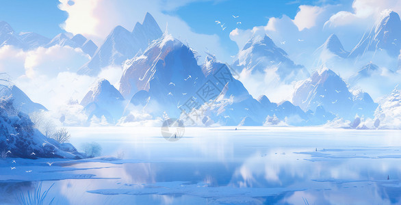 冬天雪后唯美的卡通大山与湖泊高清图片