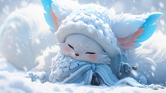 戴着毛线帽围着披风在大雪中可爱卡通小动物图片