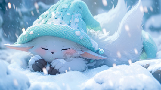戴着绿色毛线帽在大雪中睡觉的可爱卡通小狐狸图片