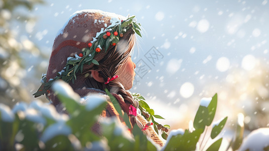 冬天大雪中看向远方的的可爱卡通小女孩侧脸高清图片