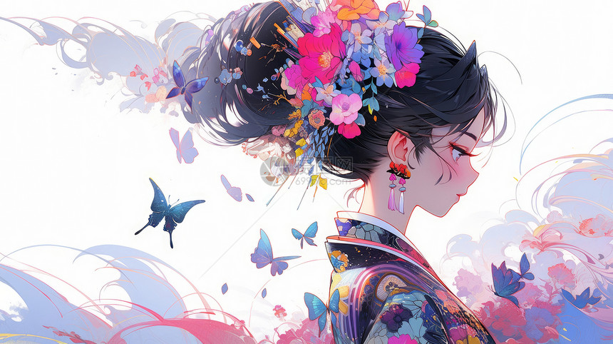 头戴很多花朵装饰有蝴蝶环绕的传统风装扮卡通女孩侧面图片