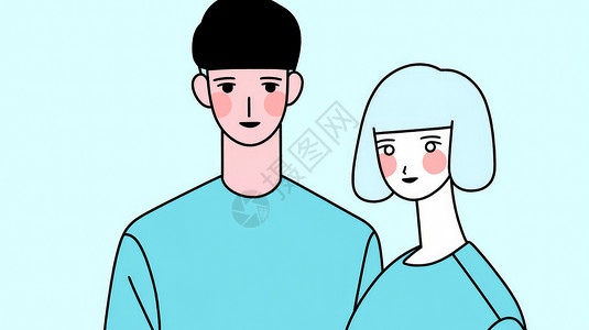 t恤情侣素材穿蓝色情侣T恤的简约卡通人物插画