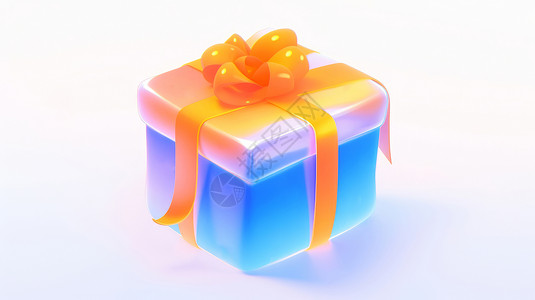 蓝色立体盒子系着橙色丝带的卡通礼物盒插画