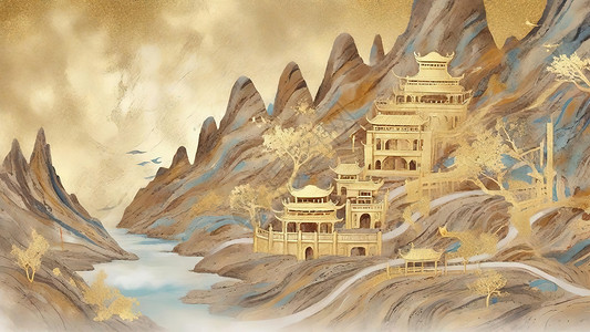 塔敏查干沙漠美丽的敦煌壁画金色插画
