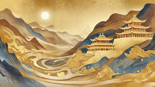 柬埔寨金边敦煌沙漠金色壁画插画