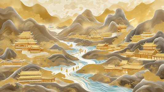 敦煌沙漠特色金箔壁画背景图片