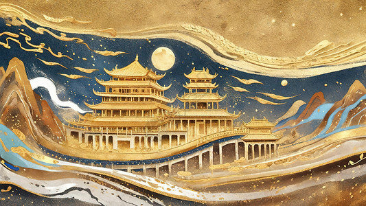 中国特色建筑美丽金箔特色敦煌壁画插画