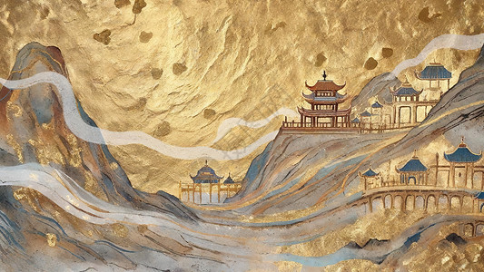 美丽的沙漠美丽鎏金敦煌壁画金色建筑插画