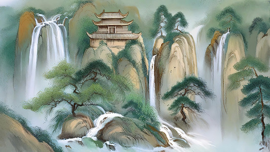 壮观山水壮观的瀑布山水插画