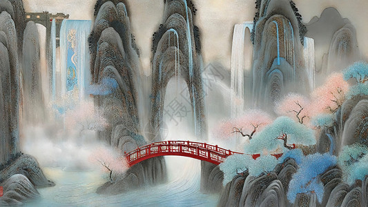 中国最美峡谷山谷的桥梁插画