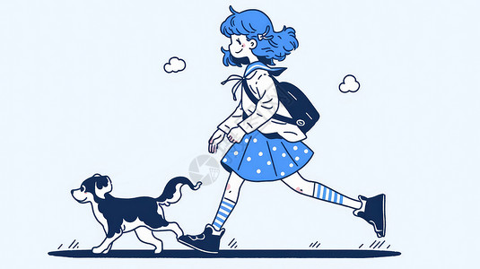 蓝色简约风穿着蓝色半身裙与小花狗一起奔跑的卡通女孩插画