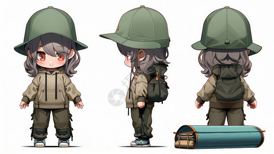 穿军装女孩戴着绿色棒球帽的可爱卡通小女孩三视图插画