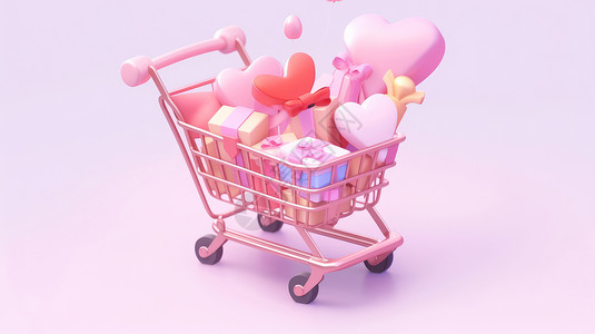 黑五气球粉色可爱的卡通购物车装满礼物插画