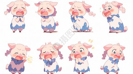 可爱小猪表情穿裙子的卡通小猪各种可爱表情插画