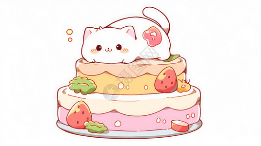 双层生日蛋糕趴在双层蛋糕上可爱的卡通小白猫插画
