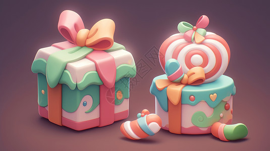 圣诞节礼物盒和圣诞装饰有糖果装饰的卡通礼物盒插画