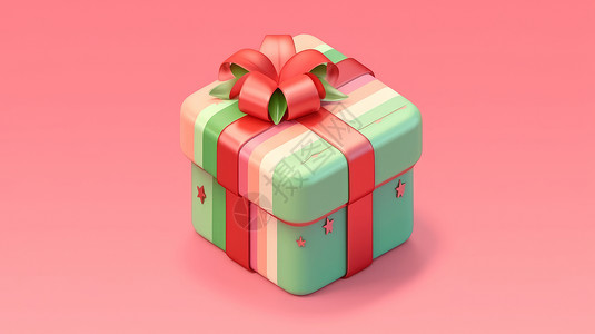 卡通圣诞节红色丝带在粉色背景上绿色可爱的卡通礼物盒插画