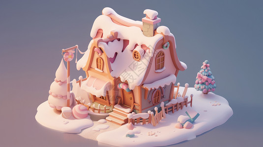 被大雪覆盖的立体可爱的卡通小房子图片