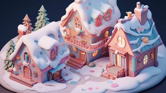 冬天大雪中三个温馨的卡通小木屋高清图片
